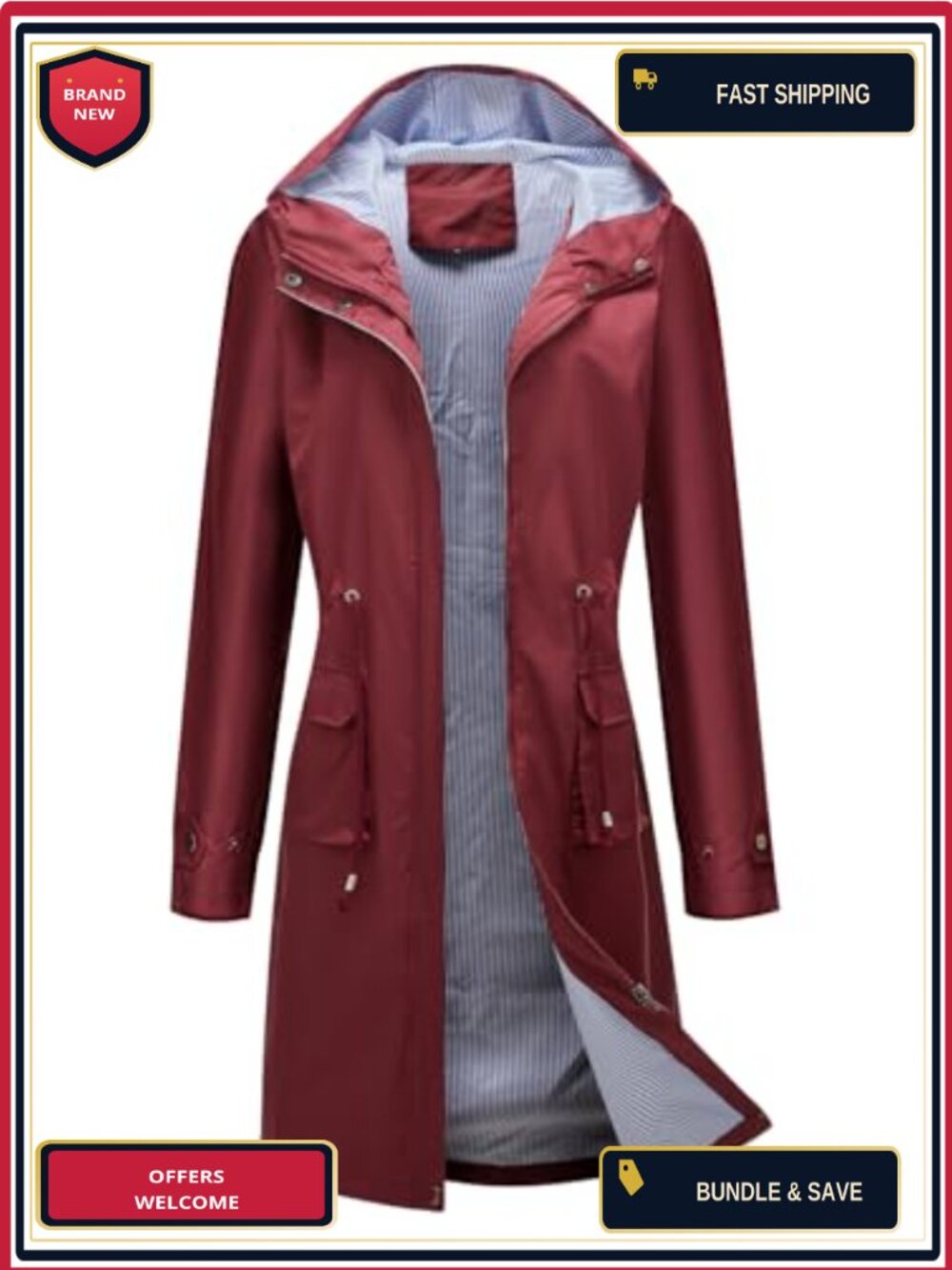 Women Waterproof Long Trench Raincoat Hooded Utility Pocket Lightweight